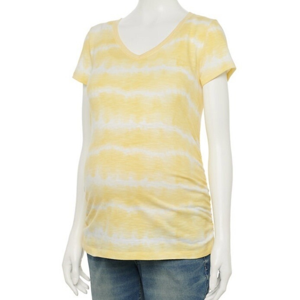 A Glow Maternity Essential Ruched V Neck Tee Small New with Tags Yellow Tie Dye